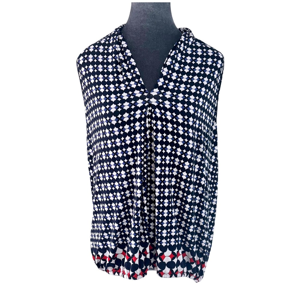 Max Studio Wms Retro Mod Chic Navy Blue Geometric Medallion V-Neck Blouson Top M